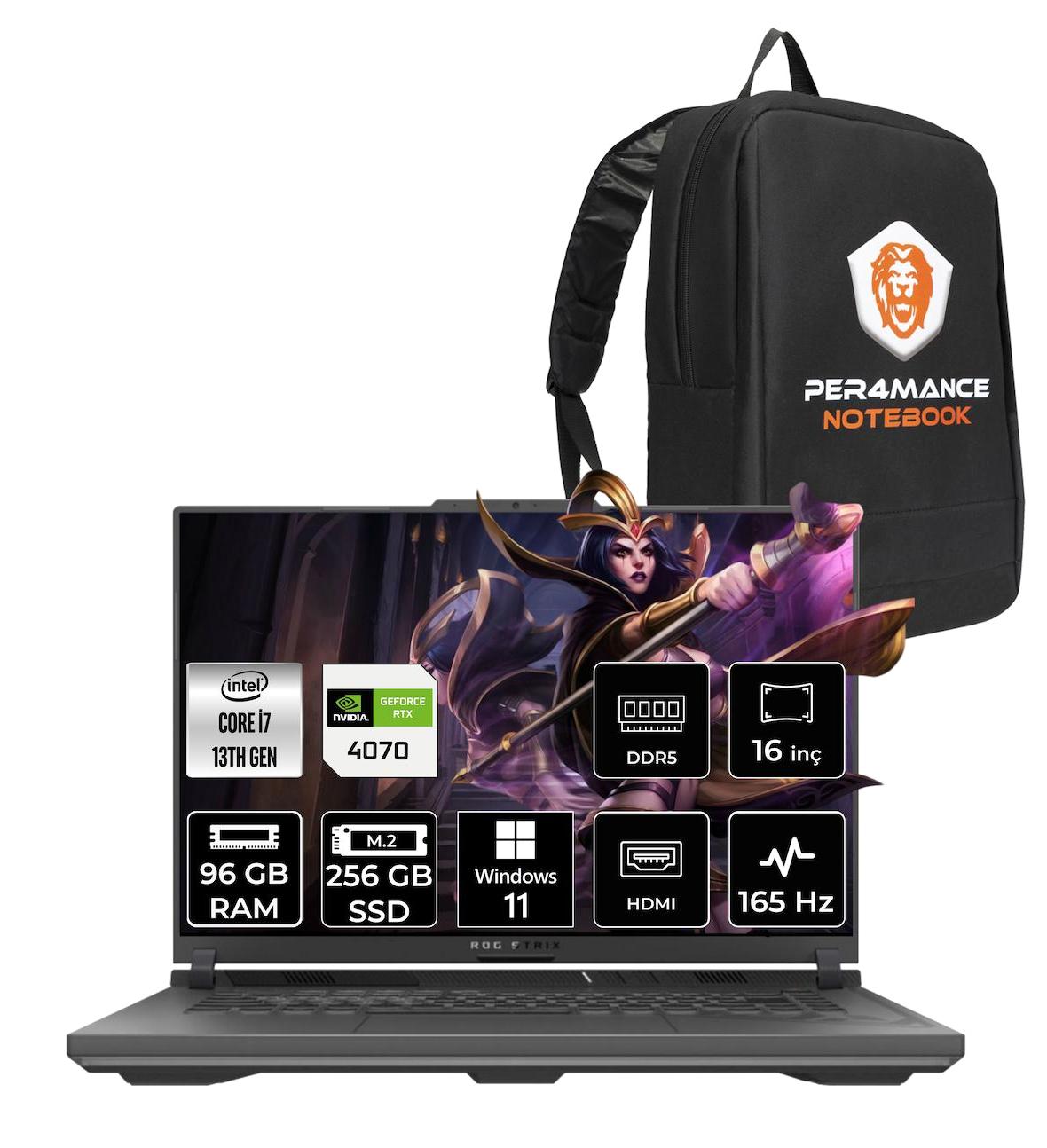 Asus ROG Strix G16 N3187 Harici GeForce RTX 4070 Intel Core i7 13650HX 96 GB Ram 256 GB SSD 16 inç Full HD Windows 11 Pro Oyuncu Laptop + PER4 Çanta