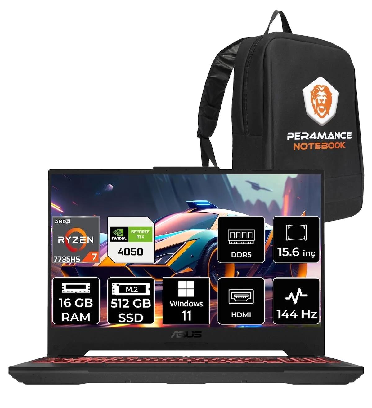 Asus TUF Gaming A15 LP030 Harici GeForce RTX 4050 AMD Ryzen 7 7735HS 16 GB Ram 512 GB SSD 15.6 inç Full HD Windows 11 Pro Oyuncu Laptop + PER4 Çanta