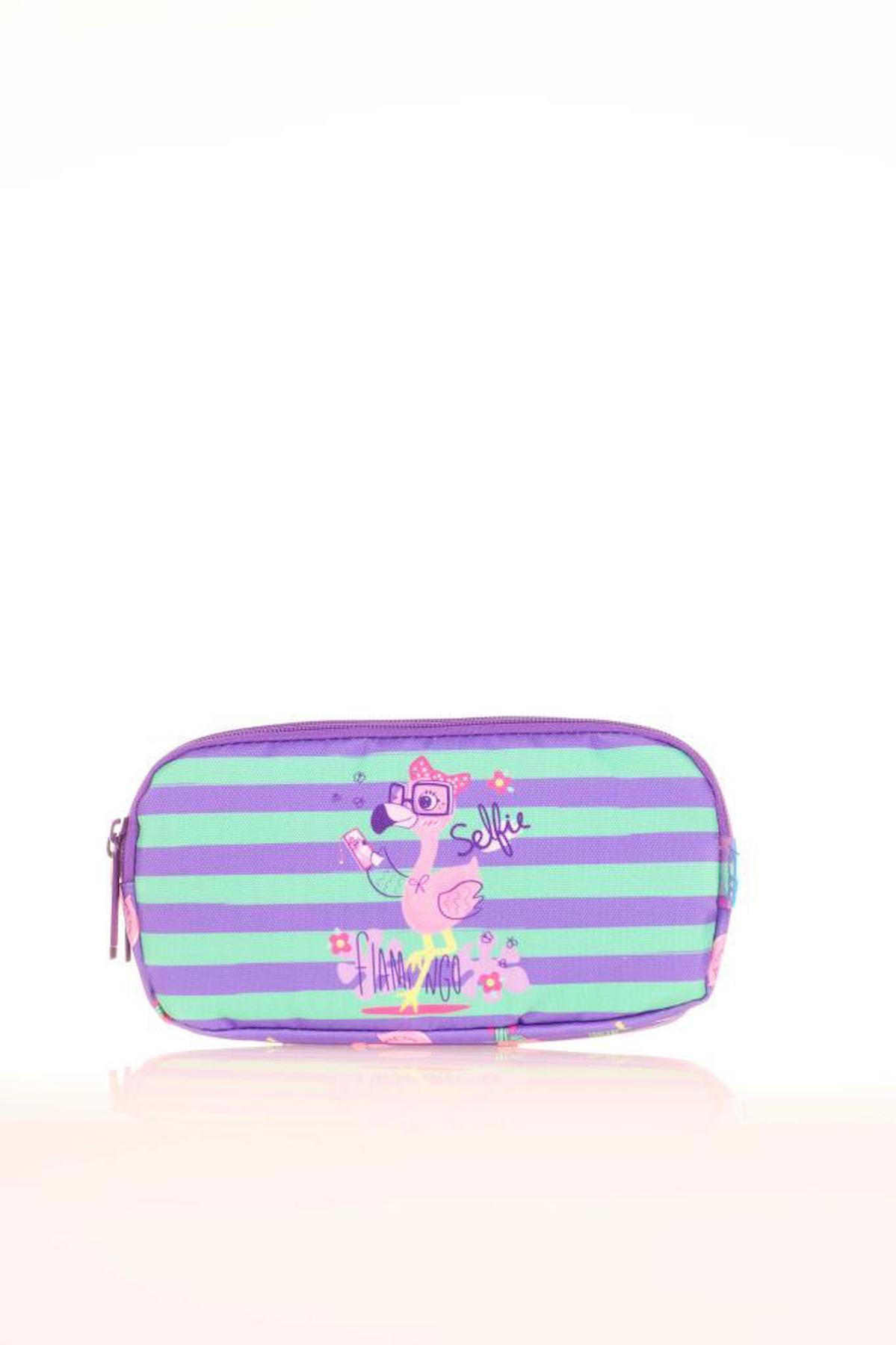 Kaukko Kids Paterned Flamingo L8148 Çok Renkli Desenli Bez Bölmeli 3 Gözlü Oval Cüzdan Kalemlik
