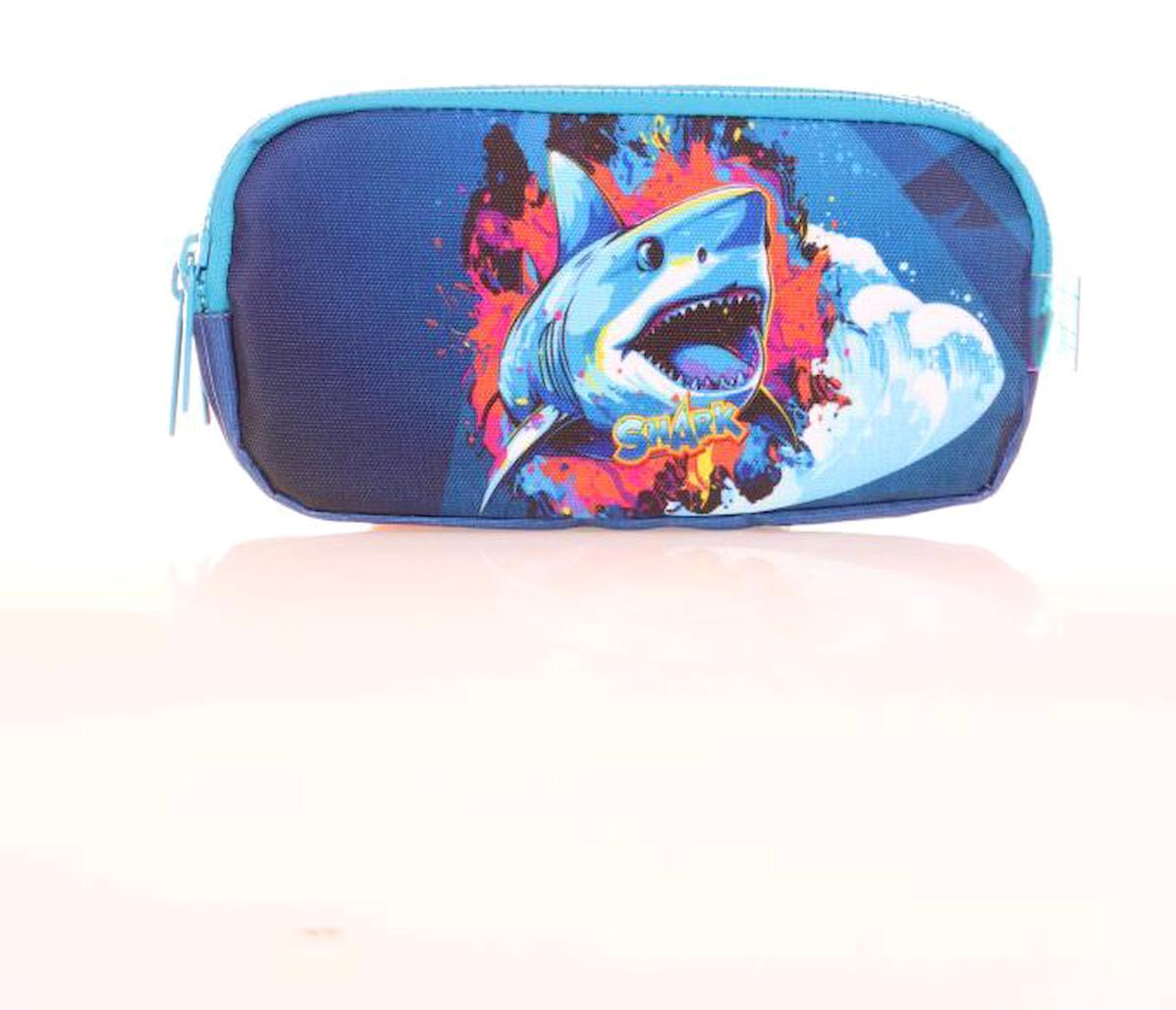 Kaukko Kids Layer Shark L8185 Mavi Desenli Bez Bölmeli 3 Gözlü Dikdörtgen Cüzdan Kalemlik