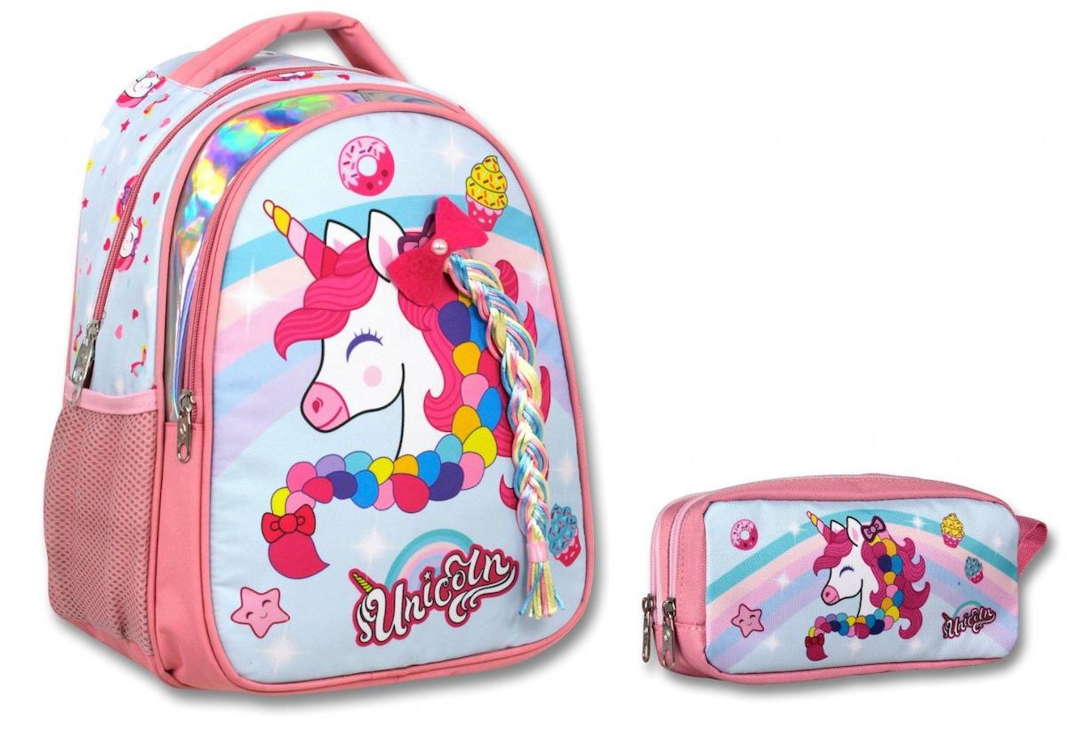 Ümit Çanta 3190 Unicorn Hayvan 4 Gözlü Pembe İlkokul Kız Çocuk Sırt Çantası + Kalemlik