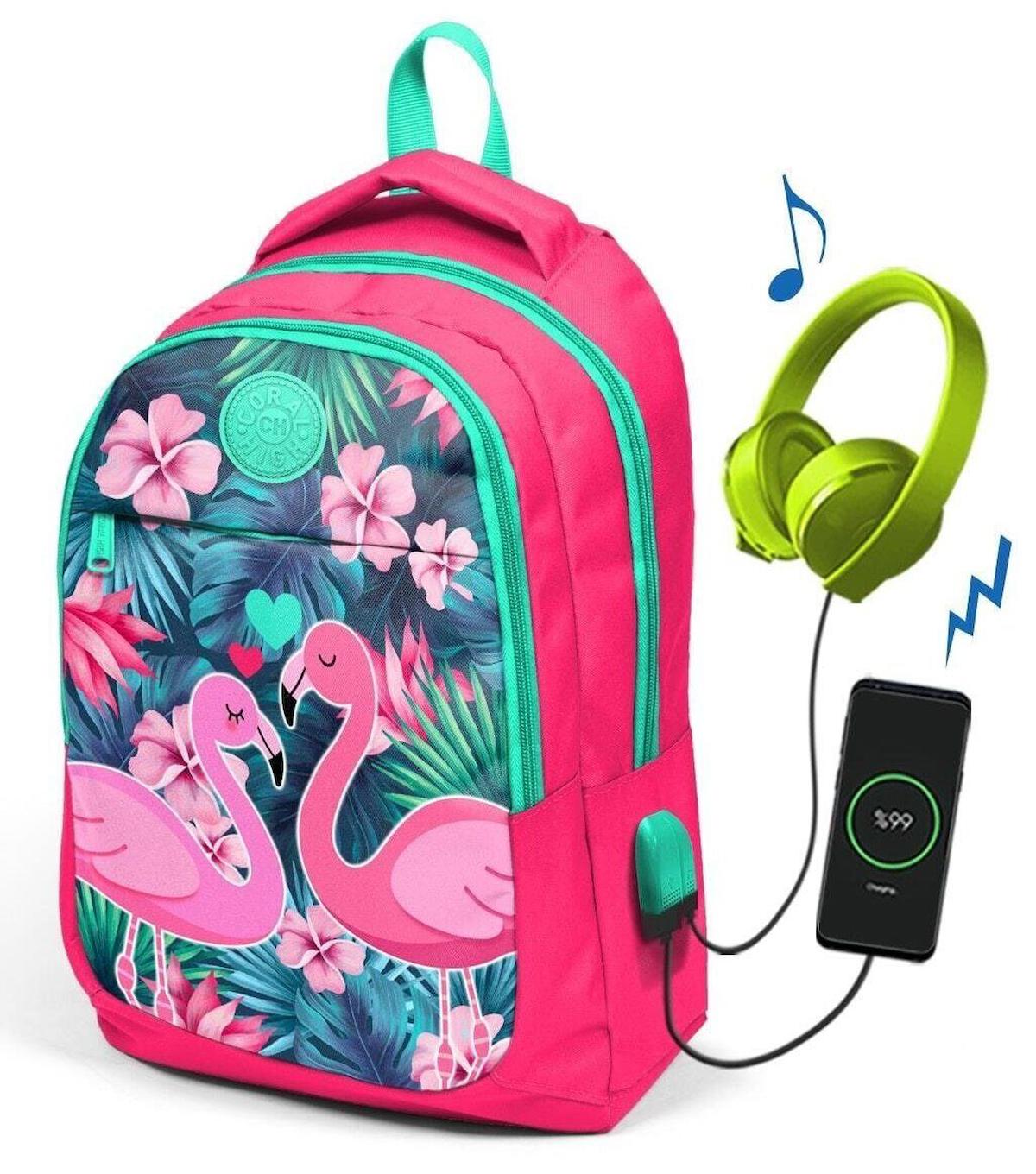Yaygan Çanta Kids Flamingo Hayvan Su Geçirmez 3 Gözlü Pembe-Su Yeşili İlkokul Kız Çocuk Sırt Çantası