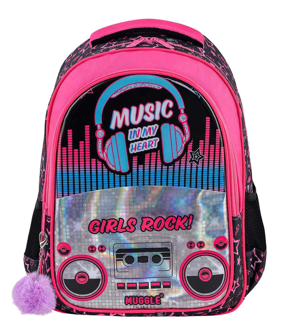 Muggle MU-7143 Müzik Su Geçirmez 2 Gözlü Pembe İlkokul Kız Çocuk Sırt Çantası
