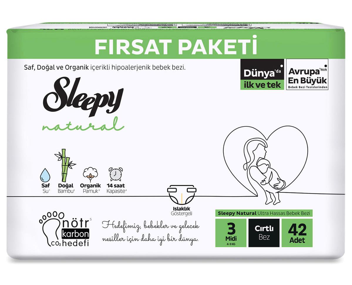 Sleepy Natural 3 Numara Organik Cırtlı Bebek Bezi 42'li