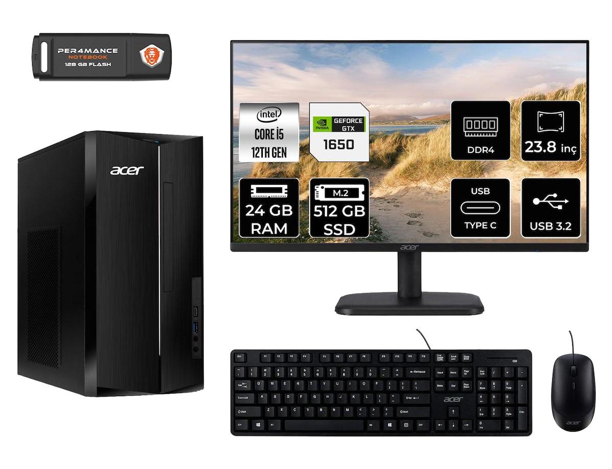 Acer Aspire TC1760 DT.BHUEM.005 Harici GeForce GTX 1650 Intel Core i5 12400 24 GB Ram 512 GB SSD Tower FreeDos 23.8 inç Monitörlü Masaüstü Bilgisayar