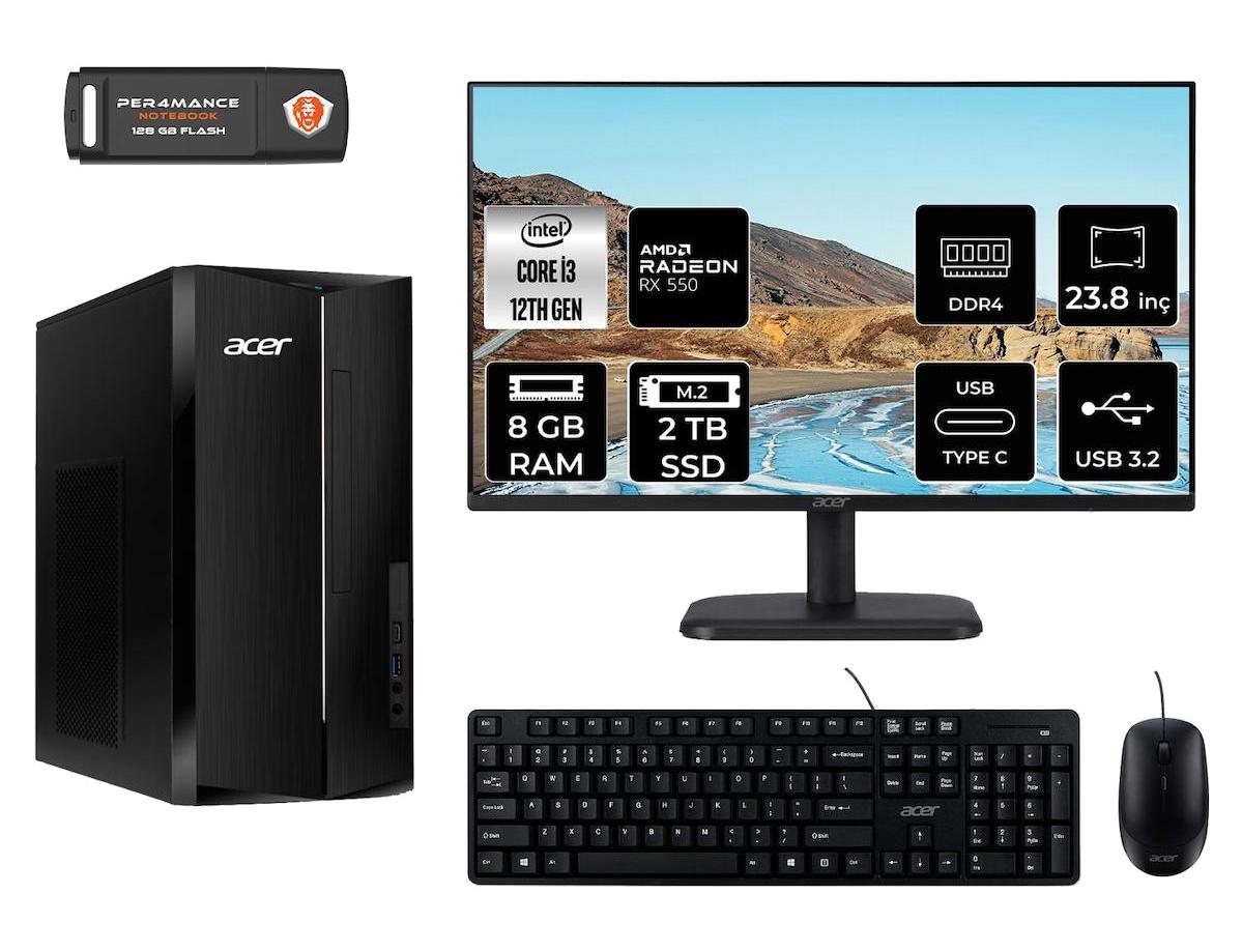 Acer Aspire TC1760 DT.BHUEM.004 Harici Radeon RX 550 Intel Core i3 12100 8 GB Ram 2 TB SSD Tower FreeDos 23.8 inç Monitörlü Masaüstü Bilgisayar