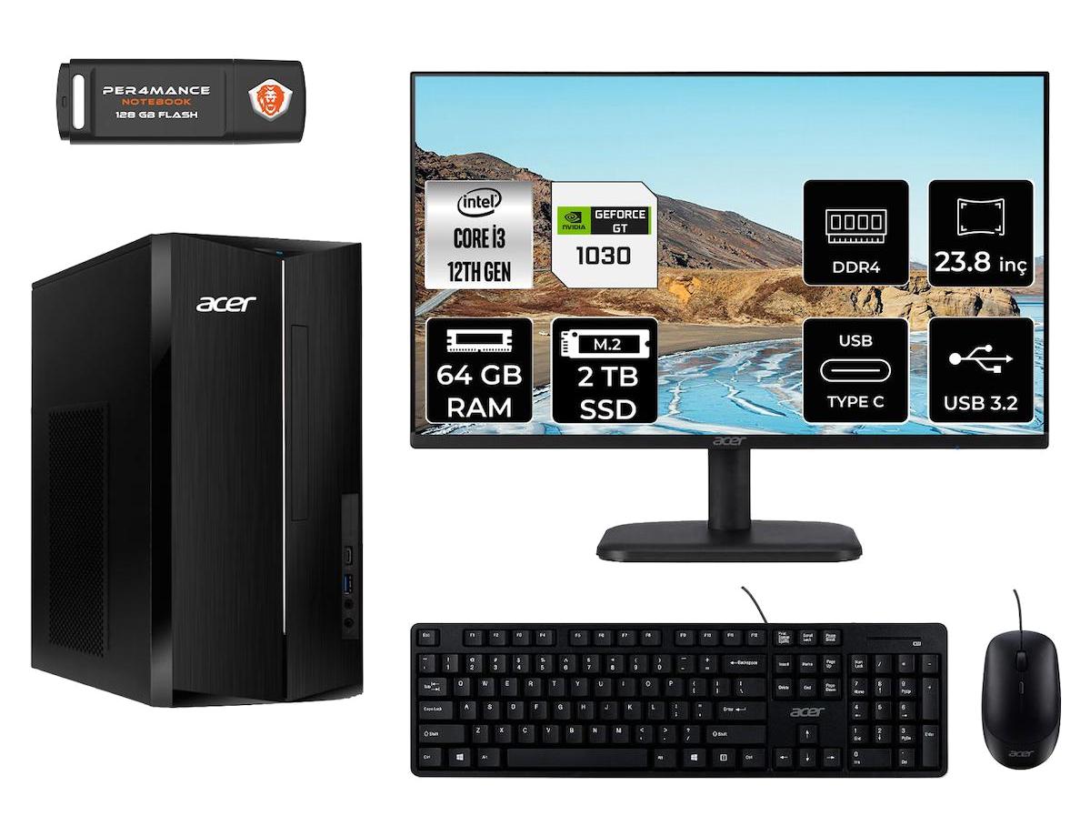 Acer Aspire TC1760 DT.BHUEM.004 Harici GeForce GT 1030 Intel Core i3 12100 64 GB Ram 2 TB SSD Tower FreeDos 23.8 inç Monitörlü Masaüstü Bilgisayar