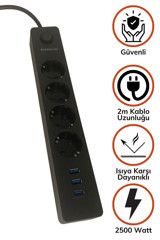 WINNBOSS 4'lü Soket 2 metre 3'lü USB Kablolu Çiftli Akım Korumalı Priz