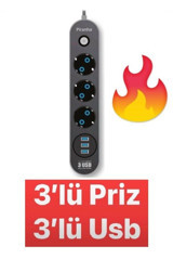 Piranha 3395 3'lü Soket 2 metre 3'lü USB Kablosuz Tekli Akım Korumalı Priz