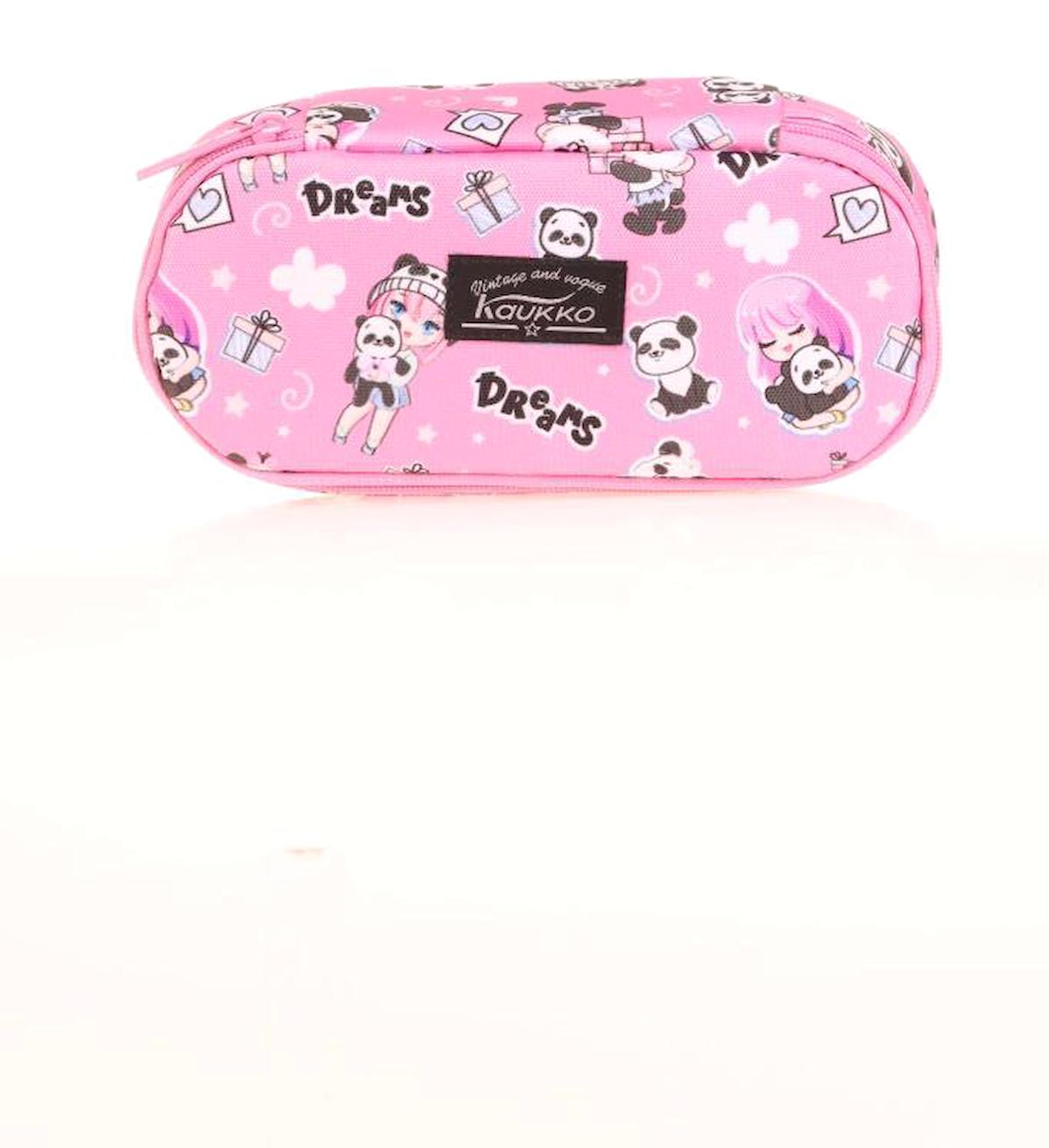 Kaukko K2632 Pembe Düz Bez Bölmeli Tek Gözlü Pandalı Oval Cüzdan Kalem Kutusu