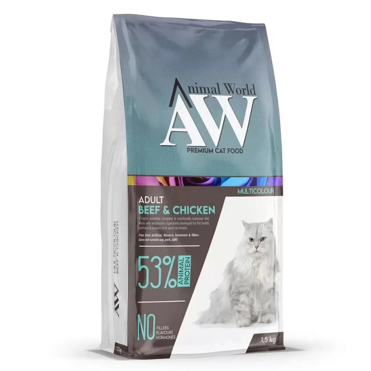 Animal World Multicolor Sığır-Tavuk Az Tahıllı Yetişkin Kuru Kedi Maması 1.5 kg