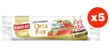 Koroplast Ekstra Güçlü Çilekli Kokulu Şeffaf Büzgülü Orta Boy 55x60 cm Çöp Poşeti 5x15 Adet