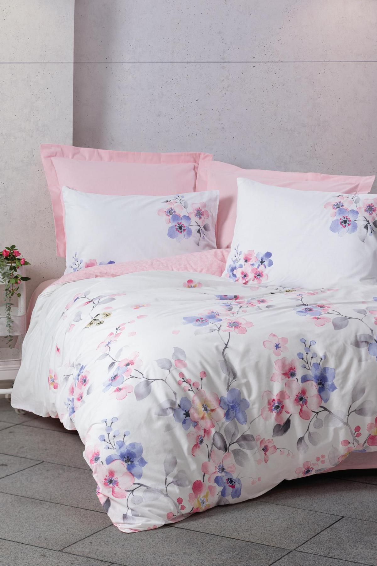 Cotton Box Jayda Pamuk 160x220 cm Lastikli Çiçekli Tek Kişilik Nevresim Takımı Beyaz-Pembe