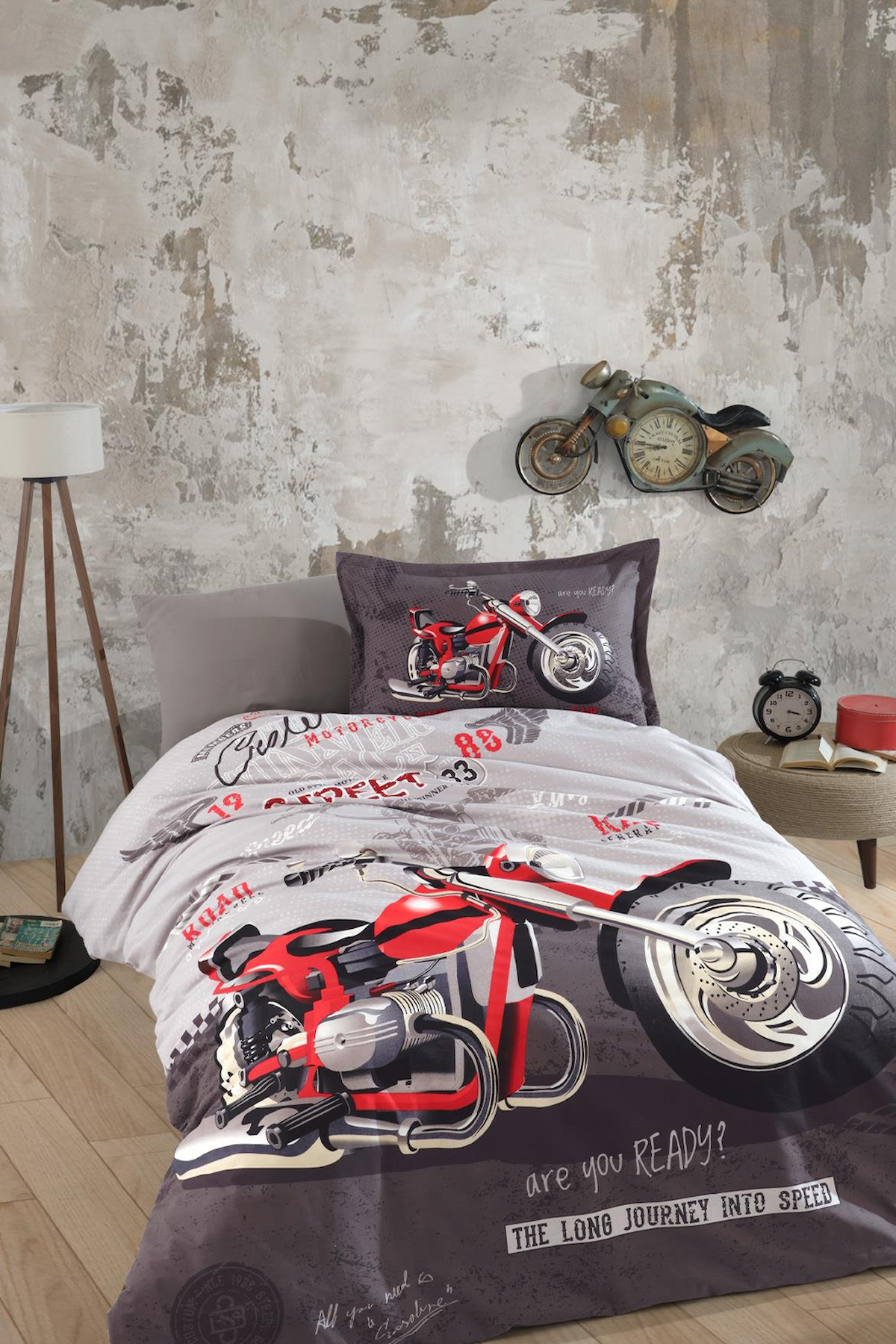 Clasy Pamuk 160x220 cm Lastikli Motor Tek Kişilik Nevresim Takımı Gri
