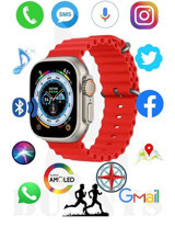 Bunnys Watch 8 Ultra Android GPS 49 mm Silikon Kordon Oval Unisex Akıllı Saat Kırmızı
