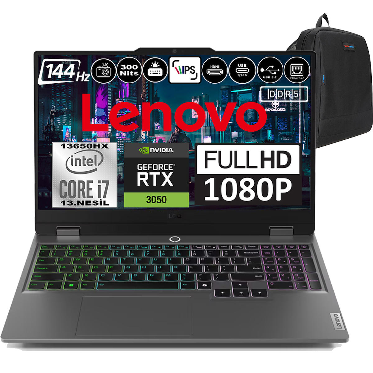 Lenovo LOQ 15IRX9 83DV00G5TRF16 Harici GeForce RTX 3050 Intel Core i7 13650HX 96 GB DDR5 Ram 4 TB SSD 15.6 inç Full HD FreeDos Oyuncu Laptop + Zetta Çanta