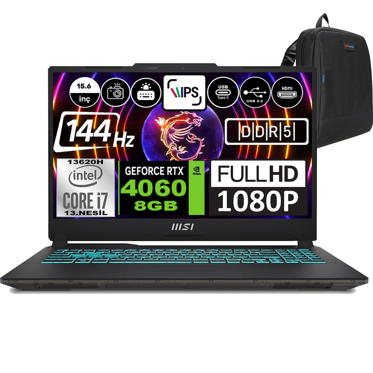 MSI Cyborg 15 A13VF892XTRWH10 Harici GeForce RTX 4060 Intel Core i7 13620H 64 GB Ram 1 TB SSD 15.6 inç Full HD Windows 11 Home Oyuncu Laptop + Zetta Çanta