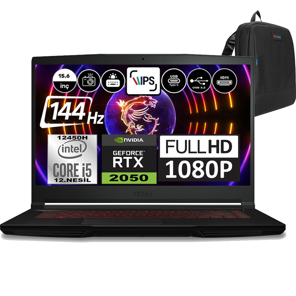 MSI Thin GF63 12UCX427XTRWH07 Harici GeForce RTX 2050 Intel Core i5 12450H 32 GB Ram 2 + 2 TB SSD 15.6 inç Full HD Windows 11 Home Oyuncu Laptop + Zetta Çanta