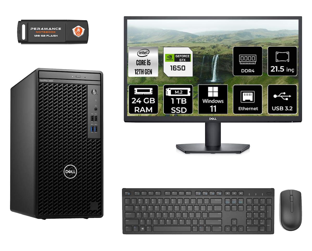 Dell Optiplex 3000 MNO3000D723 Harici GeForce GTX 1650 Intel Core i5 12500 24 GB Ram 1 TB SSD Tower Windows 11 Pro 21.5 inç Monitörlü Masaüstü Oyuncu Bilgisayarı