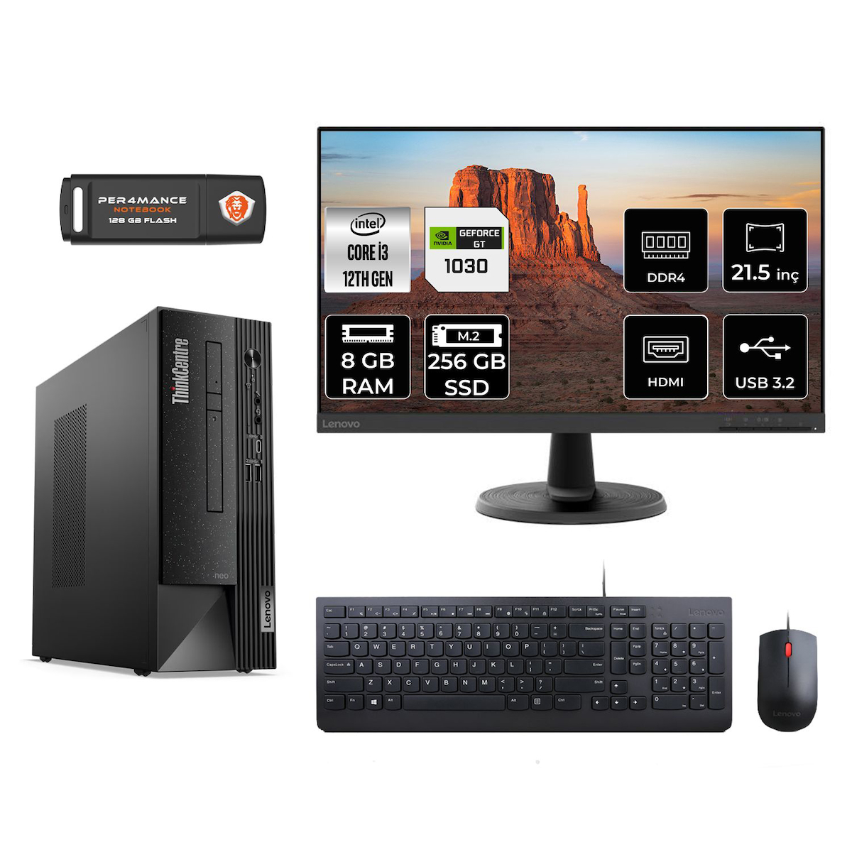 Lenovo Thinkcentre Neo 50S M02VTXD451 Harici GeForce GT 1030 Intel Core i3 12100 8 GB Ram 256 GB SSD Tower FreeDos 21.5 inç Monitörlü Masaüstü Oyuncu Bilgisayarı