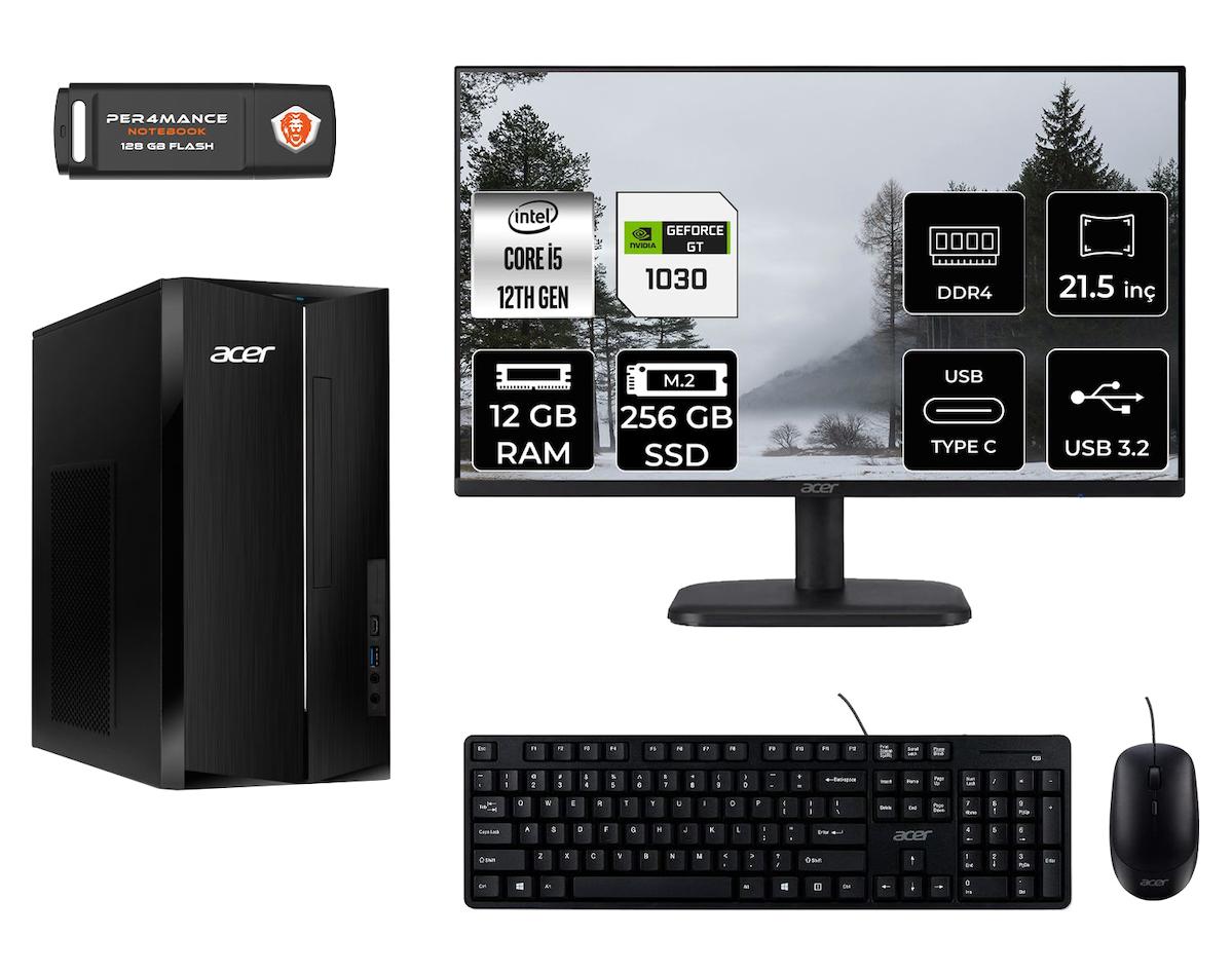 Acer Aspire TC1760 MDT005D456 Harici GeForce GT 1030 Intel Core i5 12400 12 GB Ram 256 GB SSD Tower FreeDos 21.5 inç Monitörlü Masaüstü Oyuncu Bilgisayarı