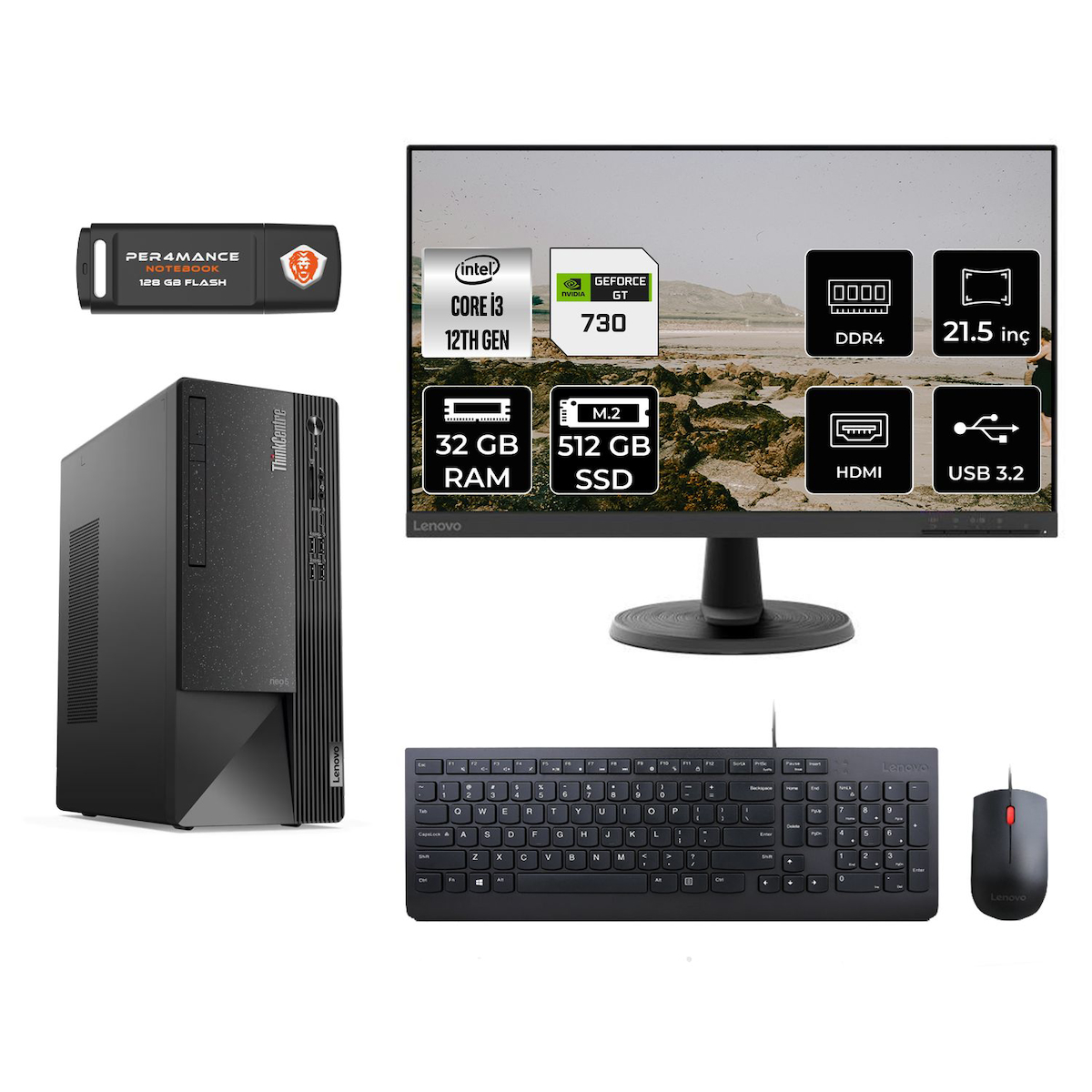 Lenovo Thinkcentre Neo 50T M01ATXD327 Harici GeForce GT 730 Intel Core i3 12100 32 GB Ram 512 GB SSD Tower FreeDos 21.5 inç Monitörlü Masaüstü Oyuncu Bilgisayarı
