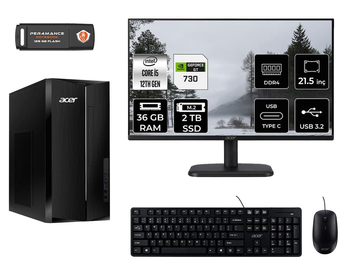 Acer Aspire TC1760 MDT005D334 Harici GeForce GT 730 Intel Core i5 12400 36 GB Ram 2 TB SSD Tower FreeDos 21.5 inç Monitörlü Masaüstü Oyuncu Bilgisayarı