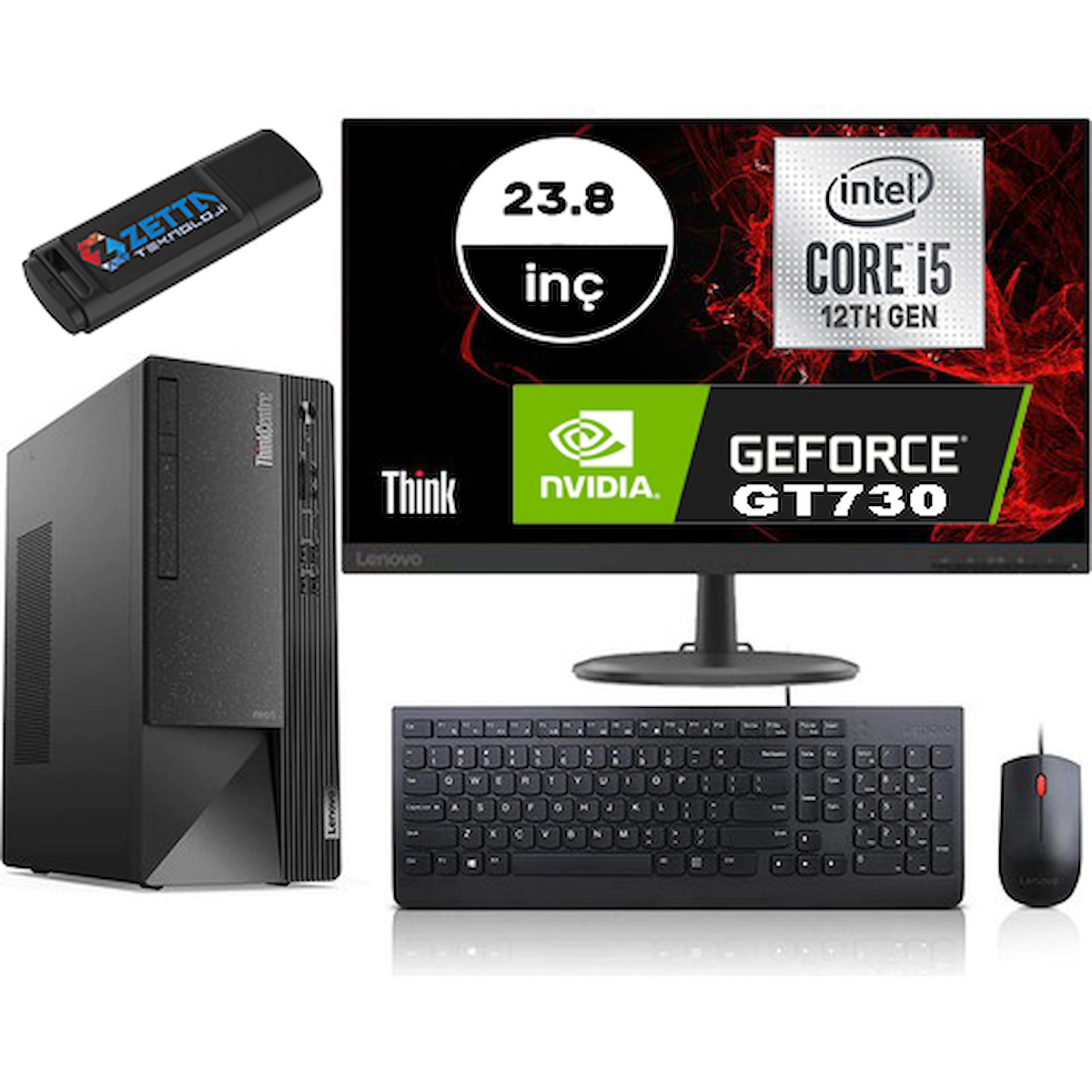 Lenovo Thinkcentre Neo 50T Gen 4 12JB005DTRMG735 Harici GeForce GT 730 Intel Core i5 12400 32 GB Ram 4 TB SSD Tower Windows 11 Home 23.8 inç Monitörlü Masaüstü Oyuncu Bilgisayarı + Zetta Flash Bellek