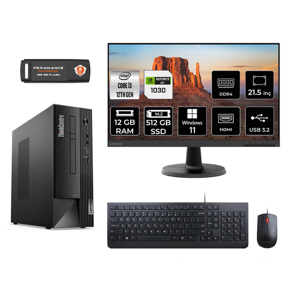 Lenovo Thinkcentre Neo 50S M02VTXD507 Harici GeForce GT 1030 Intel Core i3 12100 12 GB Ram 512 GB SSD Tower Windows 11 Home 21.5 inç Monitörlü Masaüstü Oyuncu Bilgisayarı