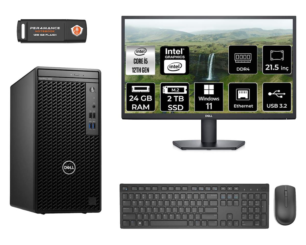 Dell Optiplex 3000 MNO3000D074 Dahili Intel UHD Graphics 770 Intel Core i5 12500 24 GB Ram 2 TB SSD Tower Windows 11 Home 21.5 inç Monitörlü Masaüstü Bilgisayar