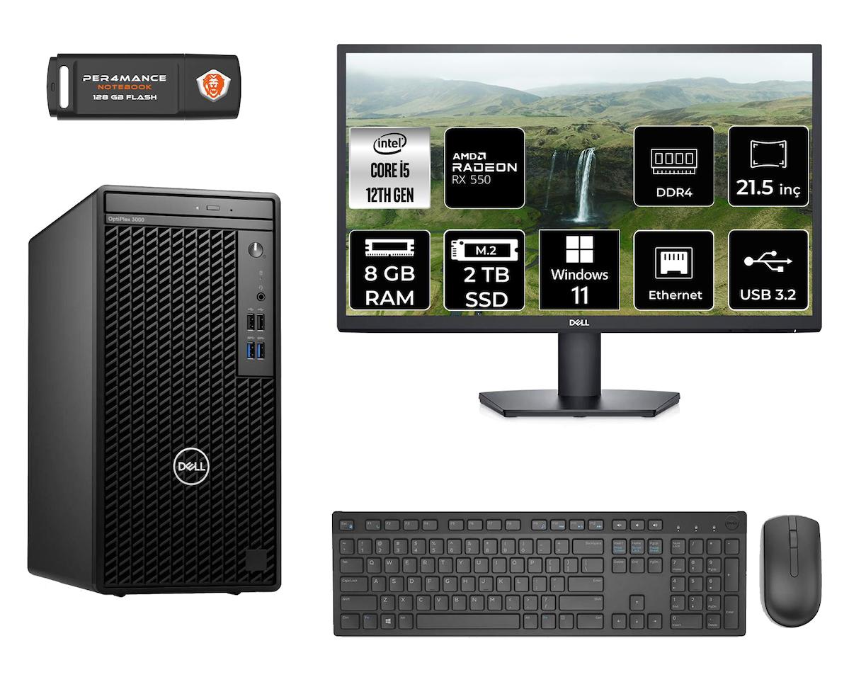 Dell Optiplex 3000 MNO3000D254 Dahili Intel UHD Graphics 770 Intel Core i5 12500 8 GB Ram 2 TB SSD Tower Windows 11 Pro 21.5 inç Monitörlü Masaüstü Bilgisayar