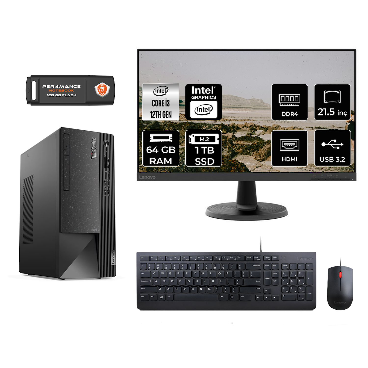 Lenovo Thinkcentre Neo 50T M01ATXD048 Dahili Intel UHD Graphics 730 Intel Core i3 12100 64 GB Ram 1 TB SSD Tower FreeDos 21.5 inç Monitörlü Masaüstü Bilgisayar