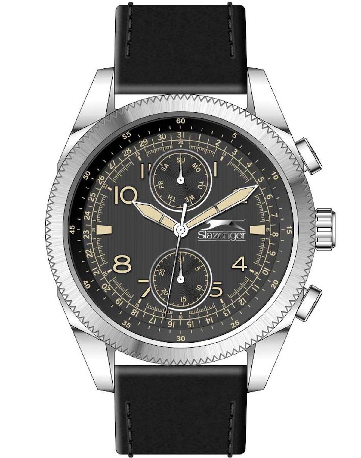 Slazenger SL.09.2133.2.04 Takvimli 45 mm Siyah Deri Kordon Analog Erkek Kol Saati