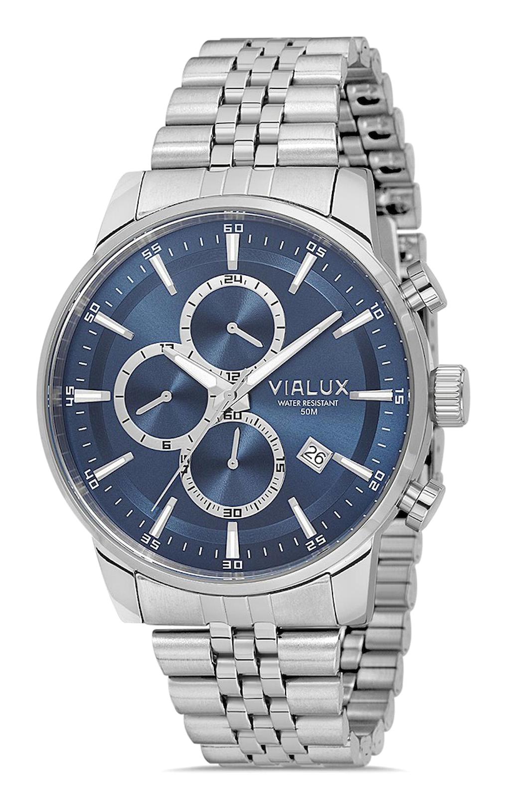Vialux VX513S-11SM Takvimli 44 mm Çelik Kordon Analog Erkek Kol Saati