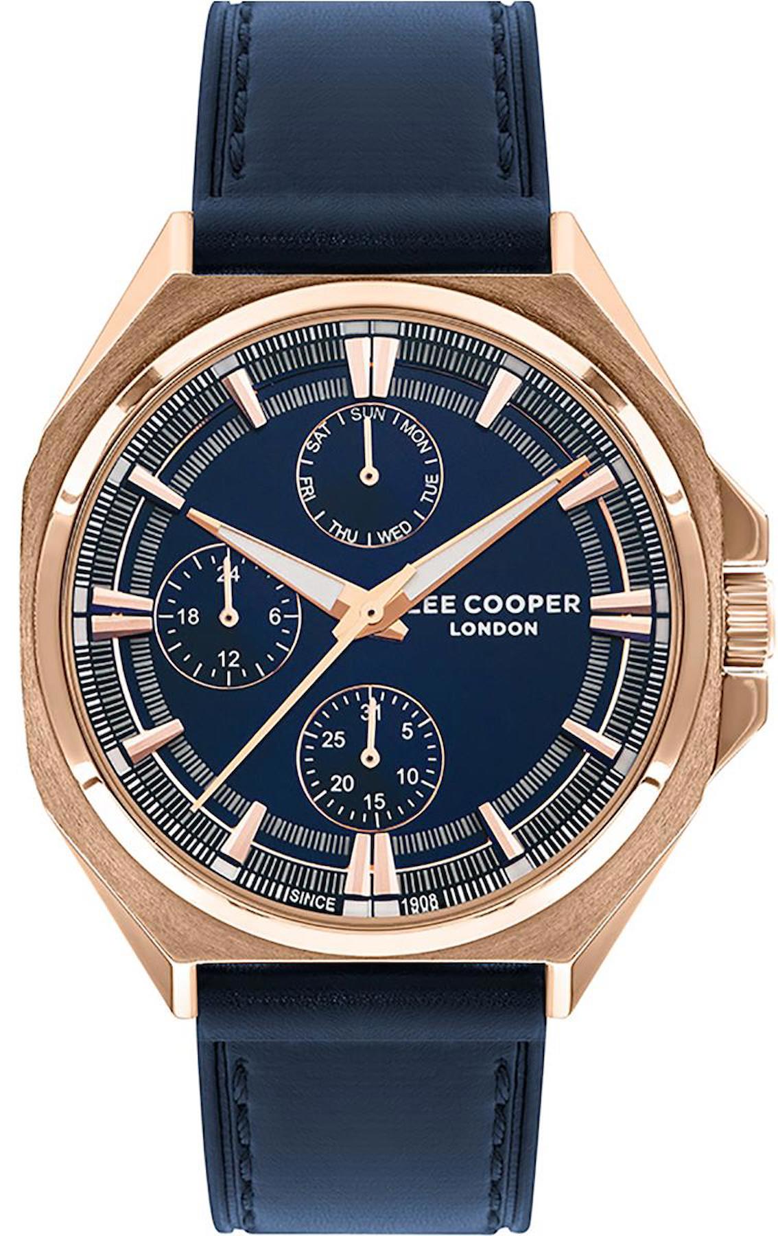 Lee Cooper LC07568.499 Takvimli 45 mm Lacivert Deri Kordon Analog Erkek Kol Saati
