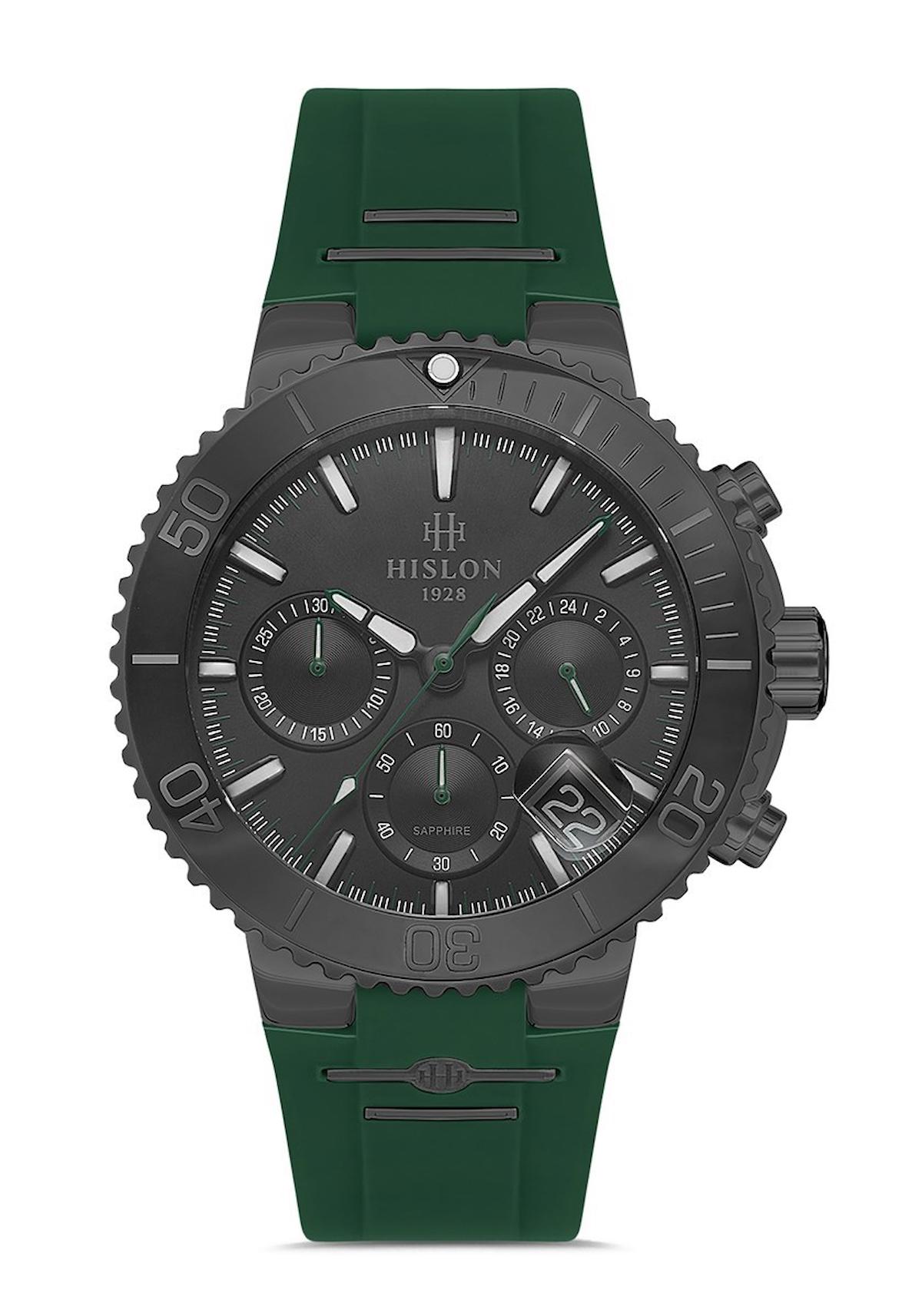 Hislon MS147N-15YN Pusulalı Takvimli 43 mm Yeşil Silikon Kordon Analog Erkek Kol Saati