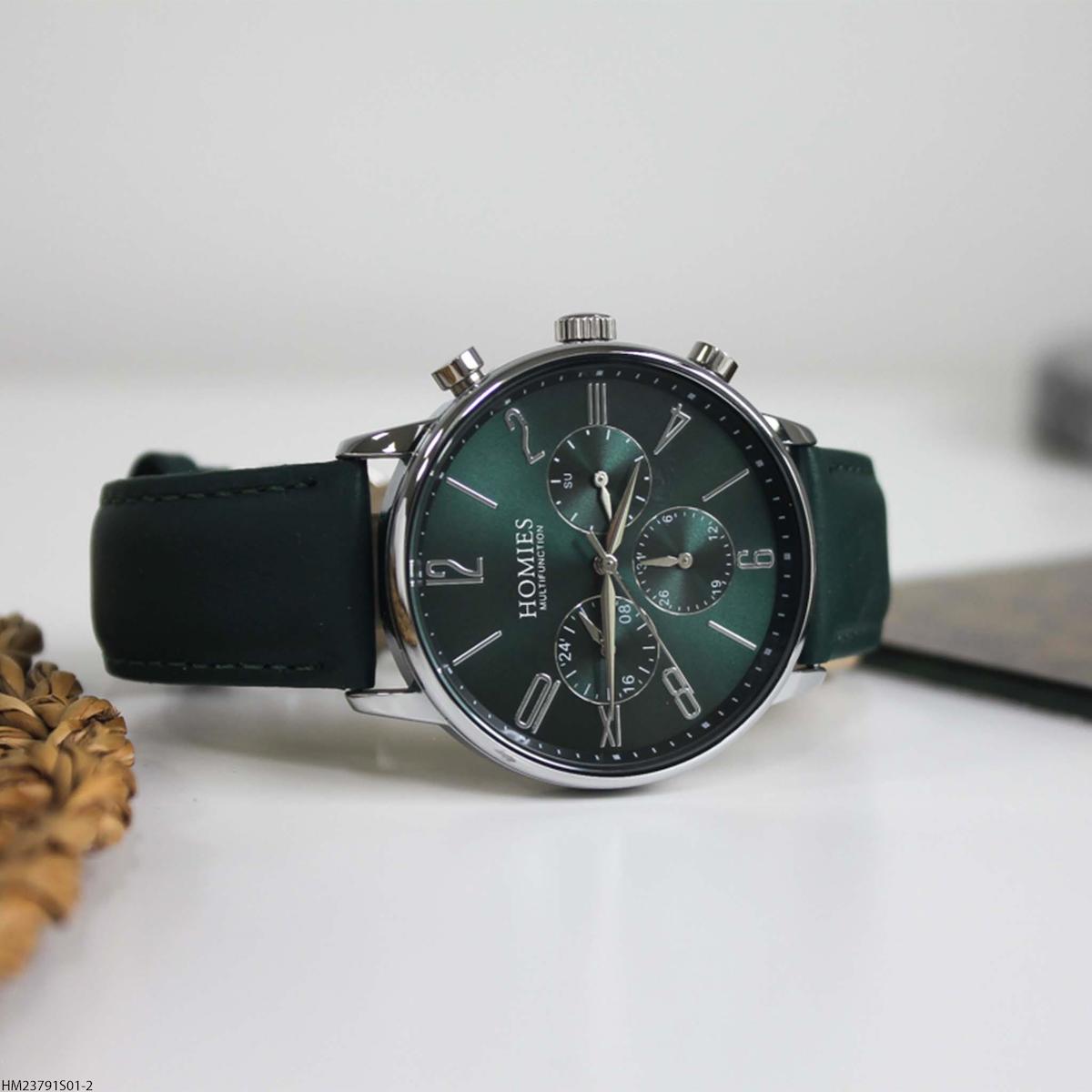 Homies HM23791S01-2 Pusulalı Takvimli 44 mm Yeşil Deri Kordon Analog Erkek Kol Saati
