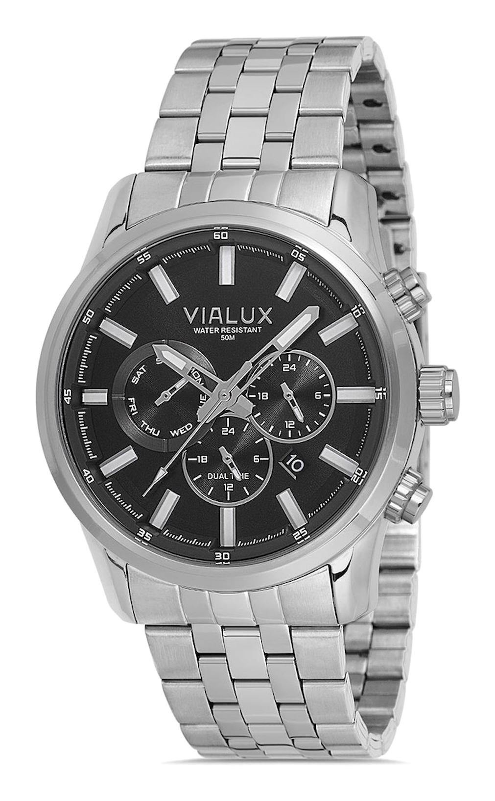 Vialux VX578S-04SS Takvimli 45 mm Çelik Kordon Analog Erkek Kol Saati
