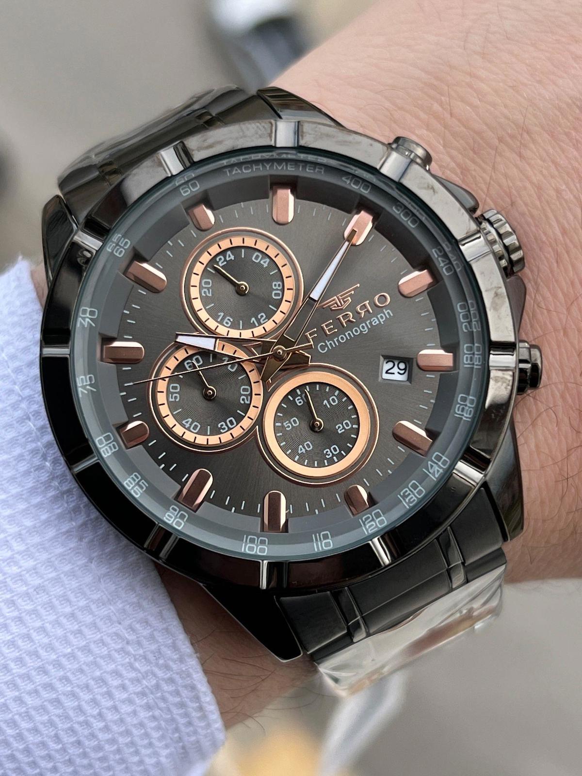 Ferro XF0043 Su Geçirmez Takvimli 44 mm Siyah Çelik Kordon Analog Erkek Kol Saati