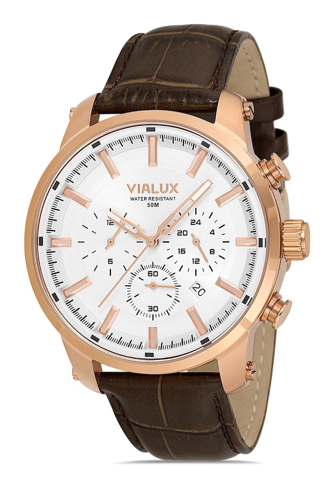 Vialux VX529R-02KR Takvimli 45 mm Kahverengi Deri Kordon Analog Erkek Kol Saati