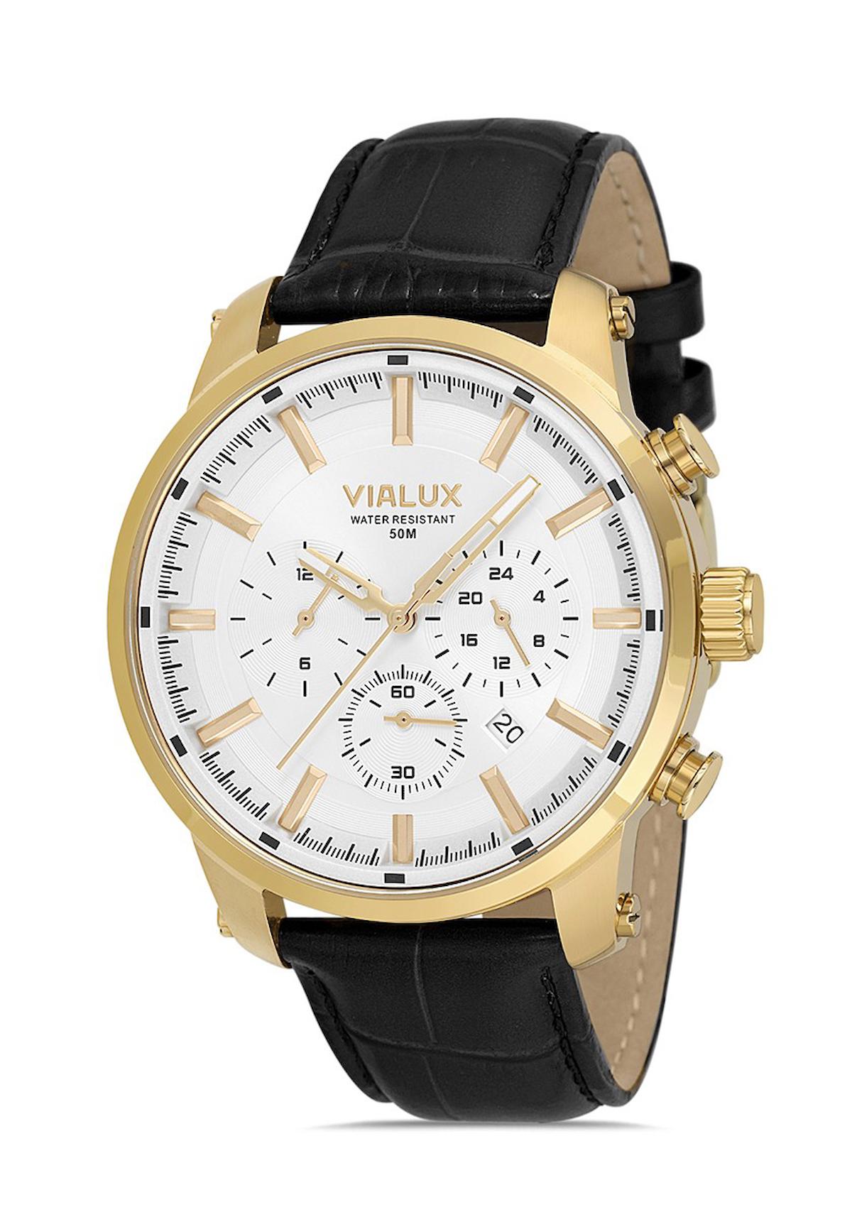 Vialux VX529G-02BG Takvimli 45 mm Siyah Deri Kordon Analog Erkek Kol Saati