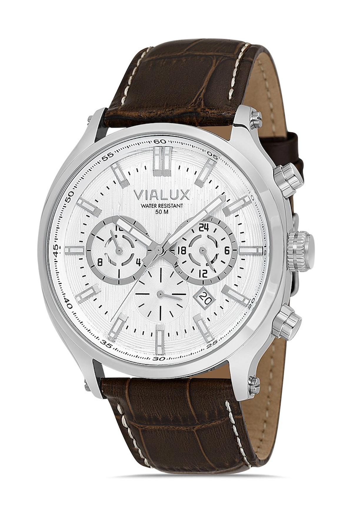 Vialux VX537S-02KS Takvimli 44.5 mm Kahverengi Deri Kordon Analog Erkek Kol Saati