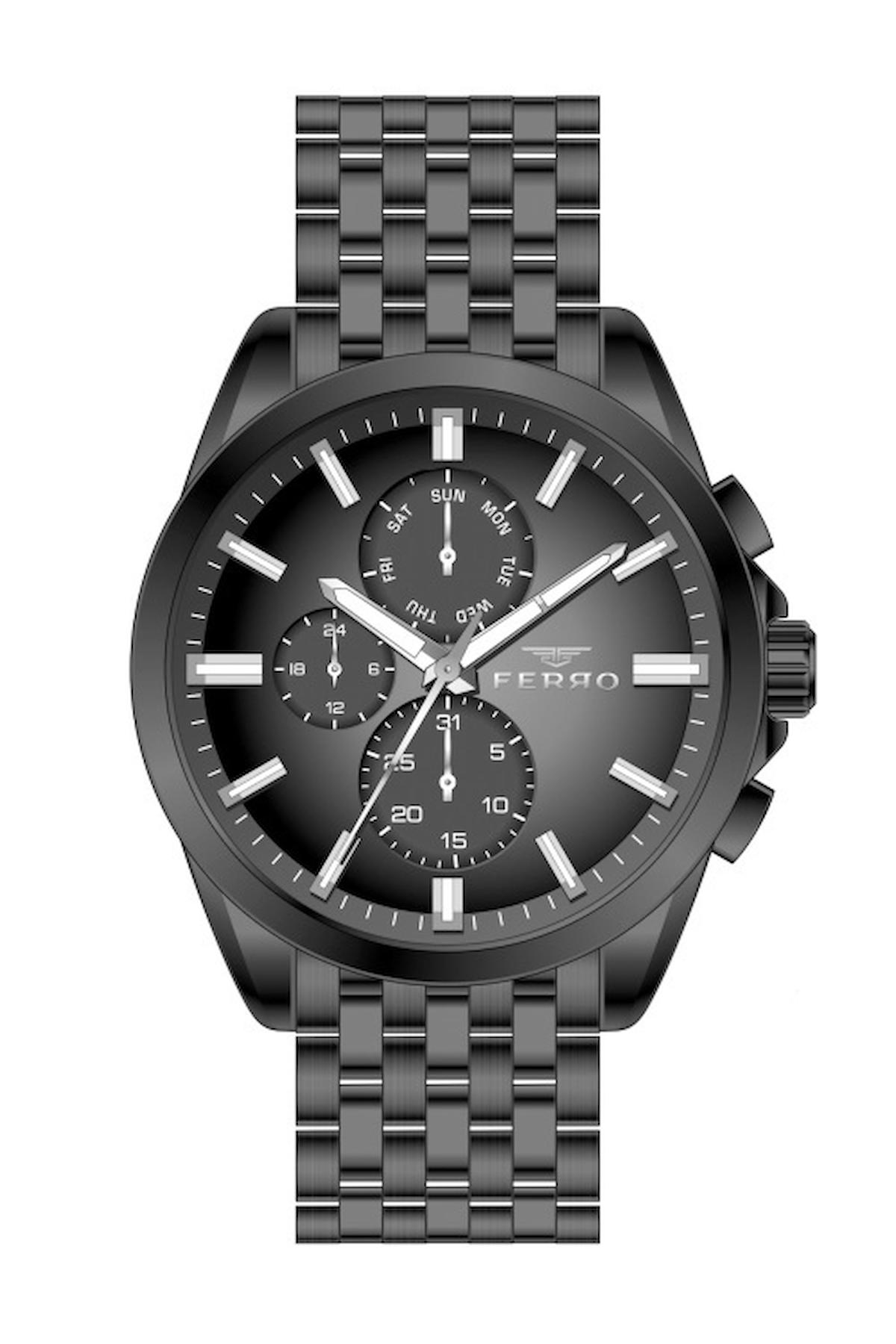 Ferro FM31387A-G Takvimli 44 mm Siyah Metal Kordon Analog Erkek Kol Saati