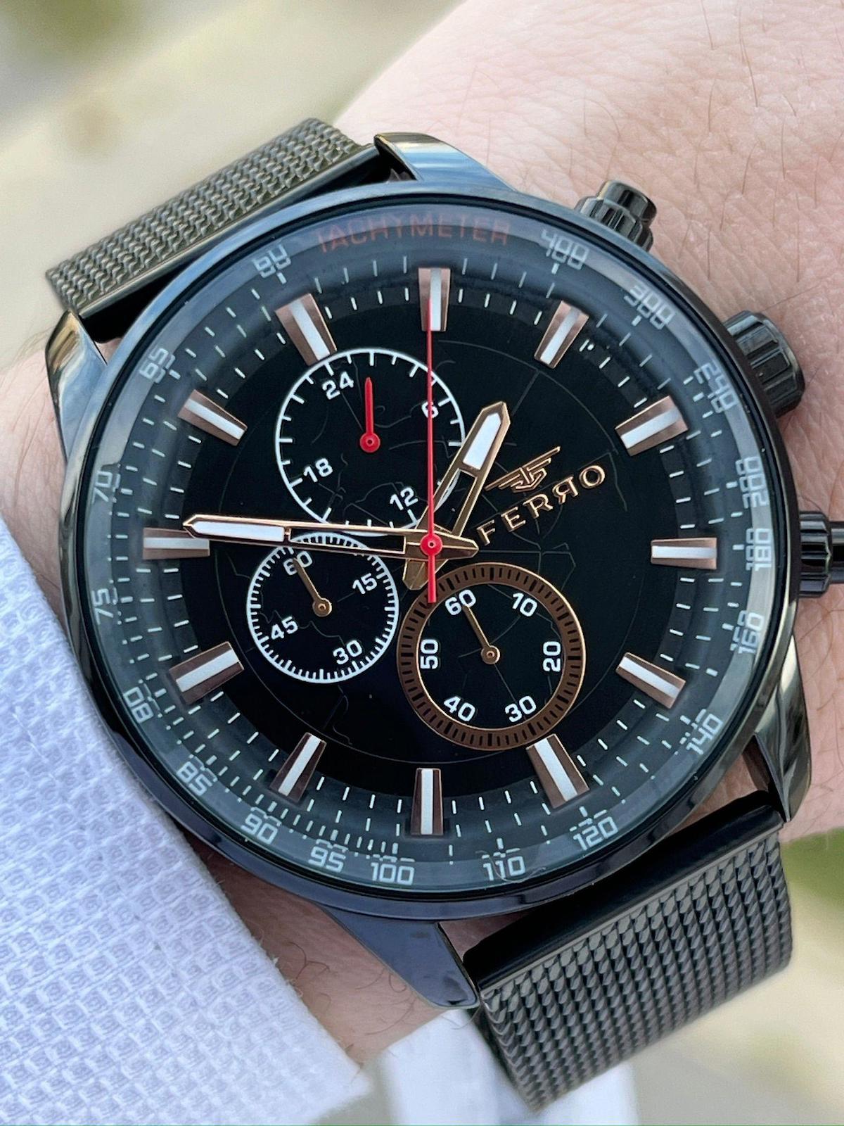 Ferro ETM3856 Su Geçirmez Pusulalı Takvimli 44 mm Siyah Çelik Kordon Analog Erkek Kol Saati