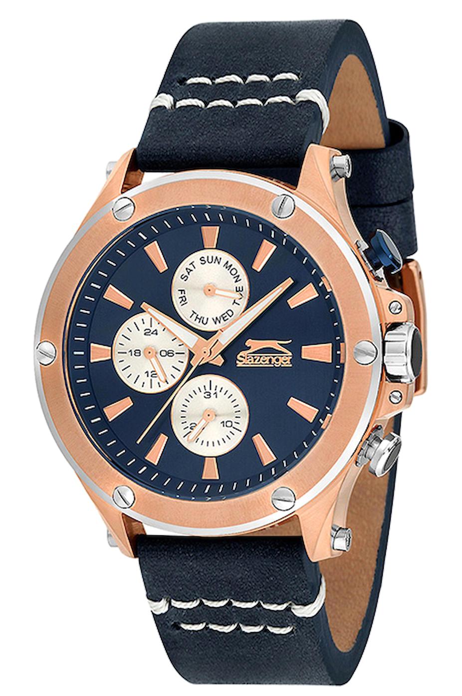 Slazenger SL.09.1340.2.02 Takvimli 50 mm Lacivert Deri Kordon Analog Erkek Kol Saati