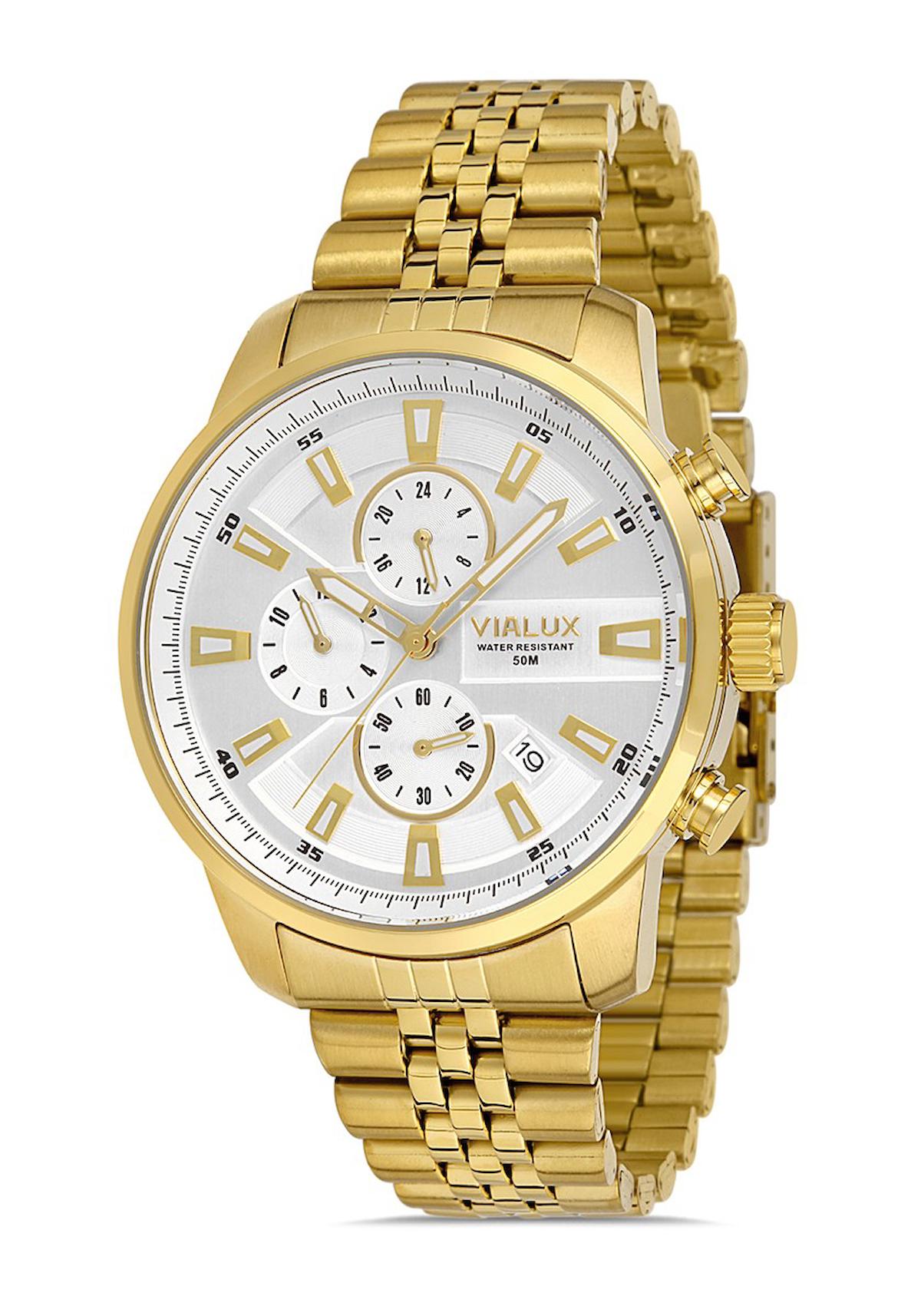 Vialux VX564G-07SG Takvimli 45 mm Altın Çelik Kordon Analog Erkek Kol Saati