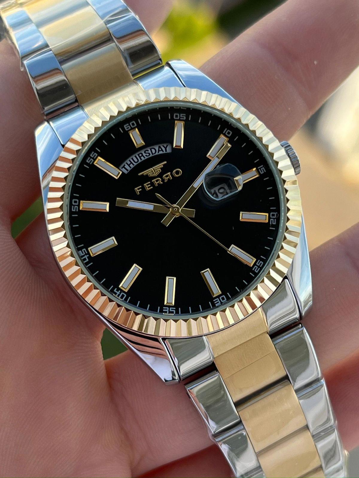 Ferro EFM11211-D2 Su Geçirmez Takvimli 44 mm Altın-Çelik Kordon Analog Erkek Kol Saati