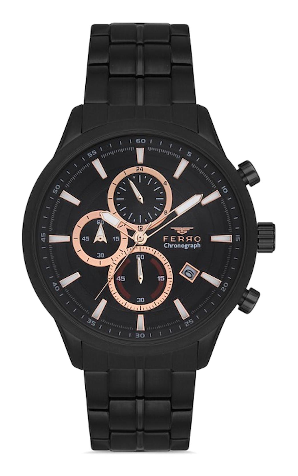 Ferro FM31277A-G Takvimli 45 mm Siyah Metal Kordon Analog Erkek Kol Saati
