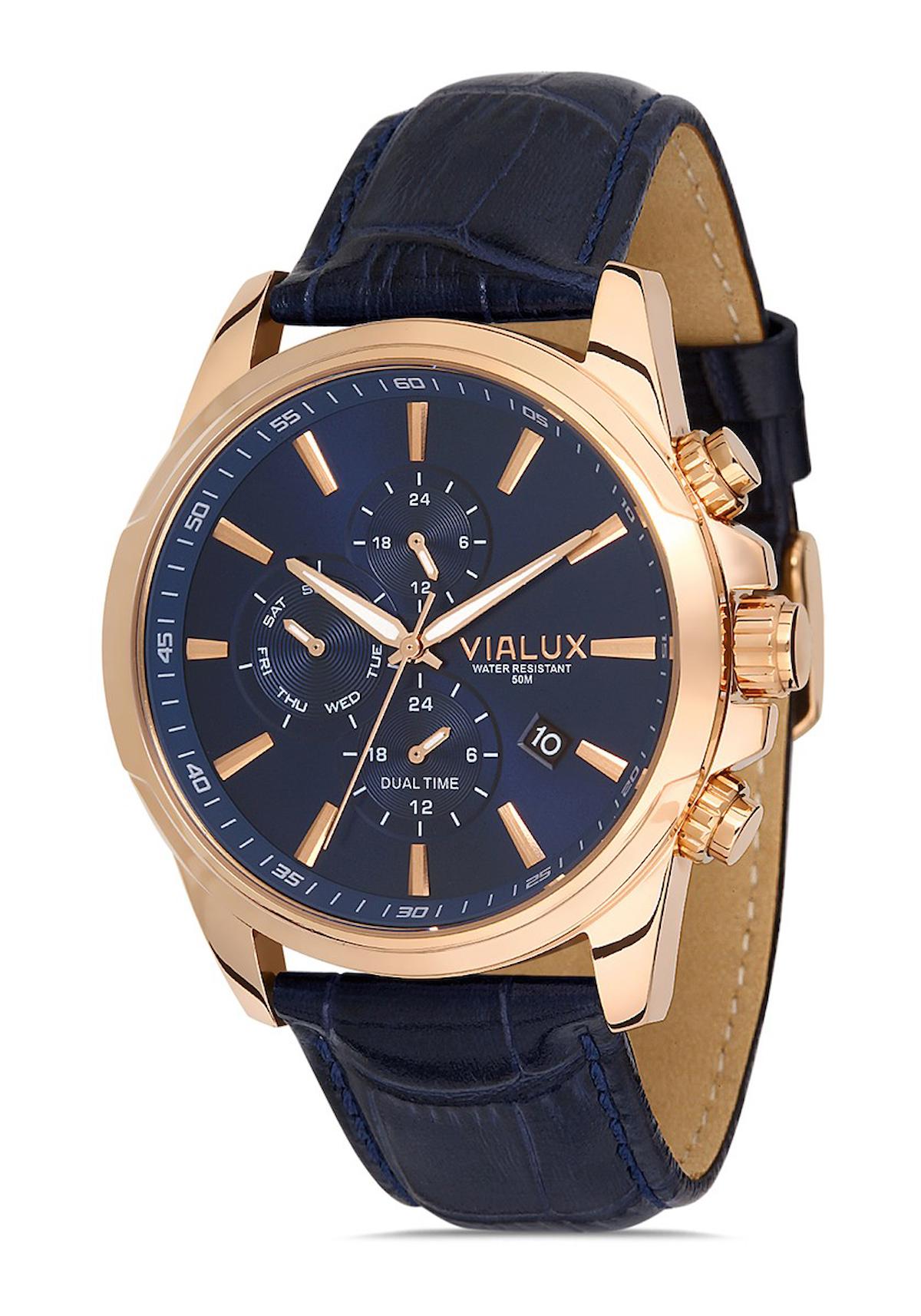Vialux VX572R-11NR Takvimli 45 mm Lacivert Deri Kordon Analog Erkek Kol Saati