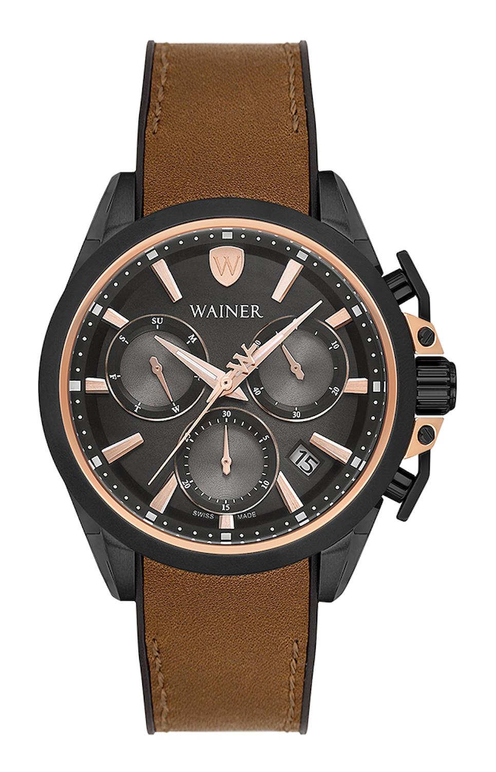Wainer WA.16101-A Pusulalı Takvimli 44 mm Kahverengi Deri Kordon Analog Erkek Kol Saati